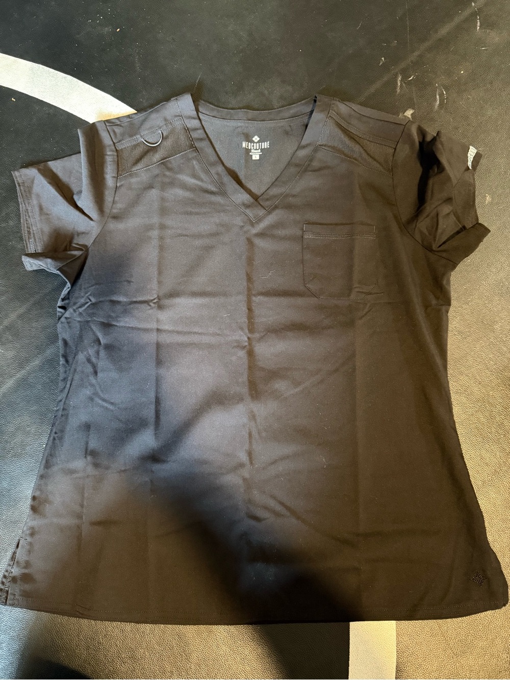 Med Couture Black V-Neck Scrub Top with Logo Print
